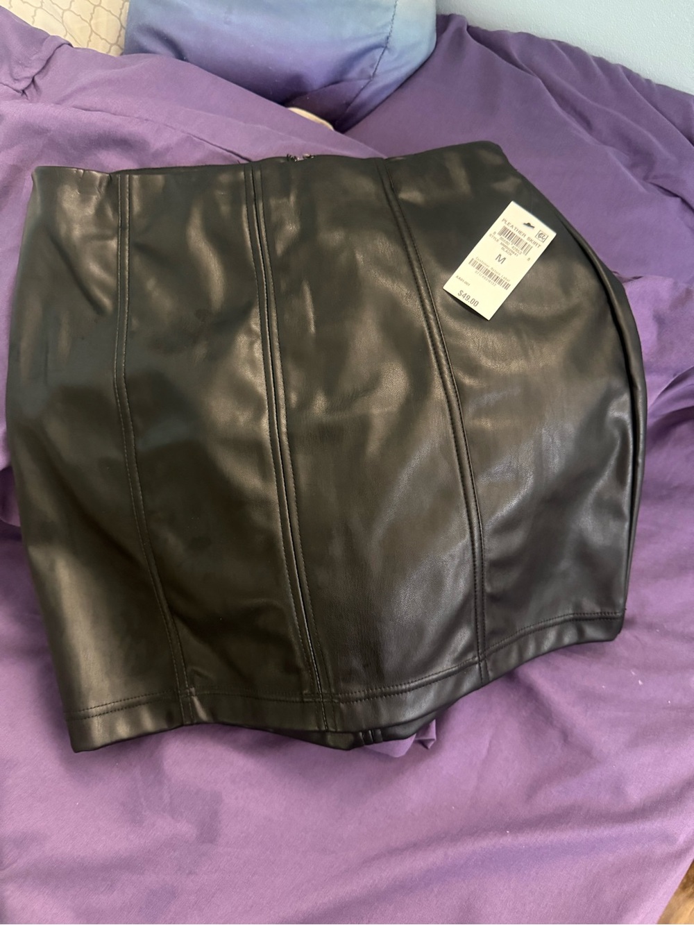 Faux Leather Black Mini Skirt with Panel Stitching